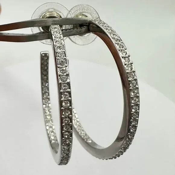 Swarovski Swan silver tone clear Austrian crystals hoop hoops post earrings - Picture 1 of 8